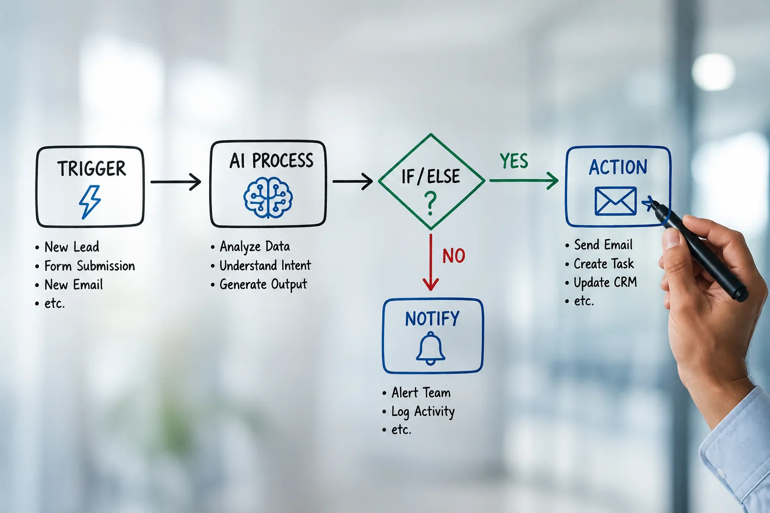 Workflow sketch showing a trigger moving through an AI process, decision branch, action, and human notification path.