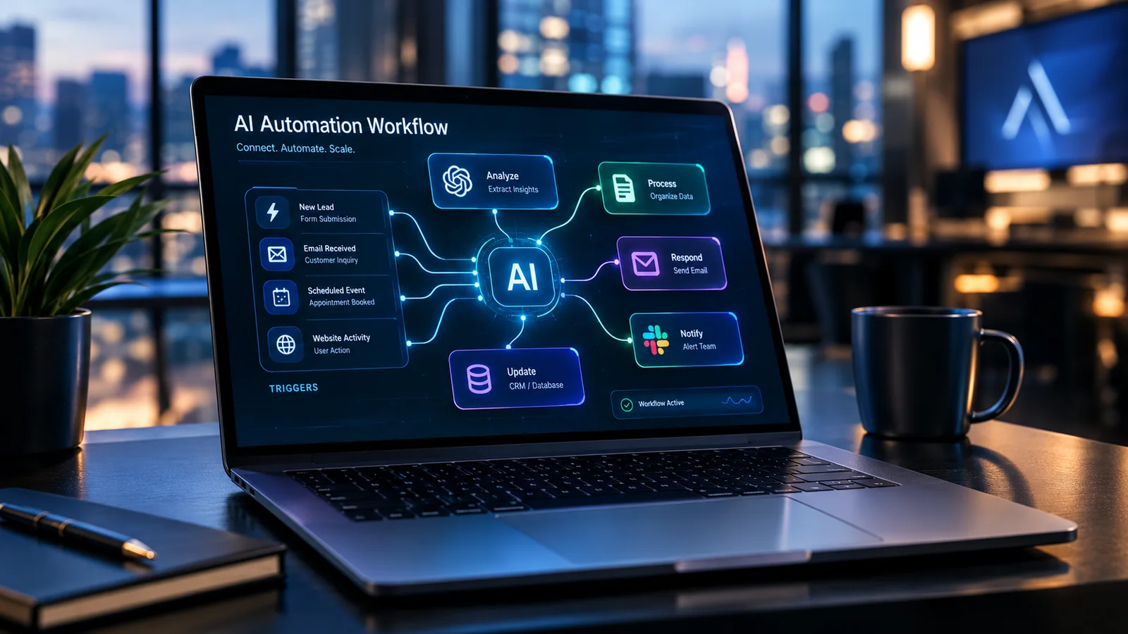 Laptop displaying a connected AI automation workflow with triggers, analysis, responses, notifications, and CRM updates.