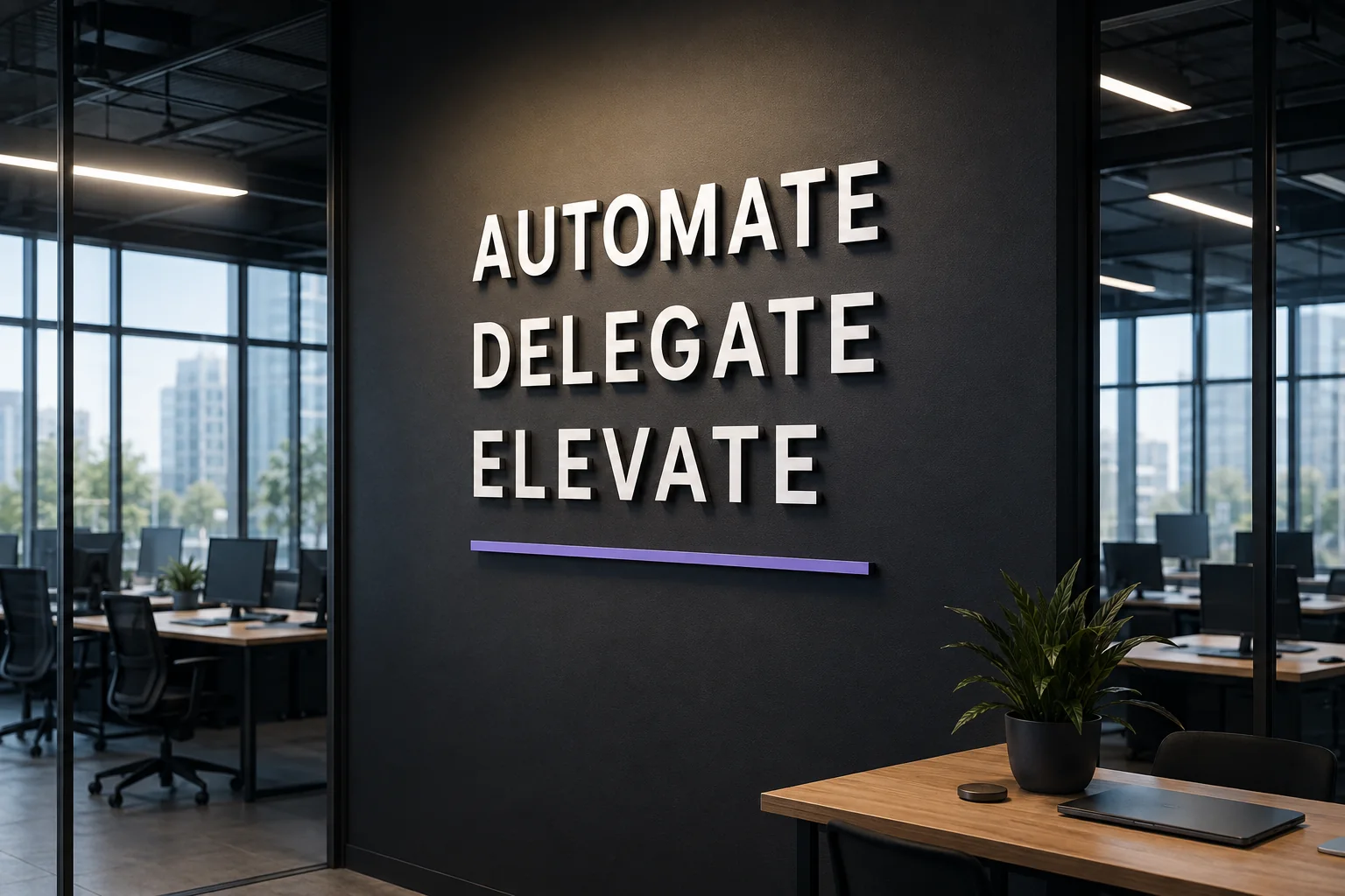 Modern office wall displaying the words Automate, Delegate, Elevate.